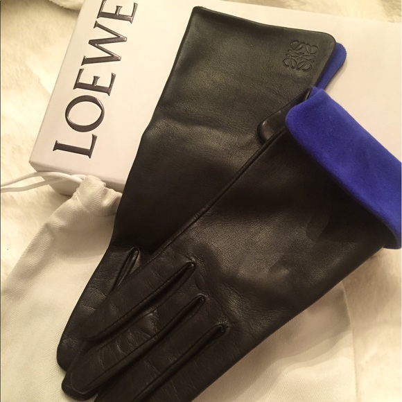 Loewe Accessories - Rare Loewe Black Leather Gloves Blue Suede 7.5